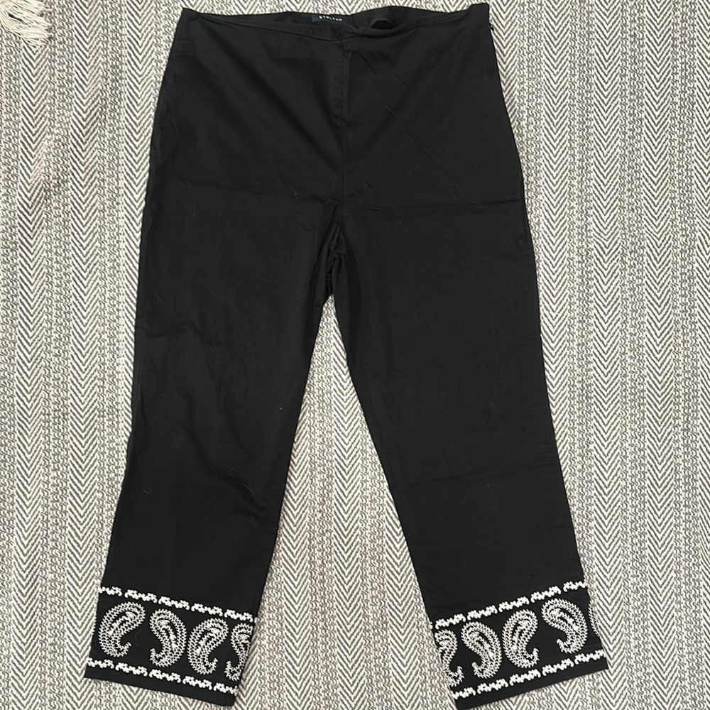 Jones New York stretch Black Pants with White Paisley Trim embroidered